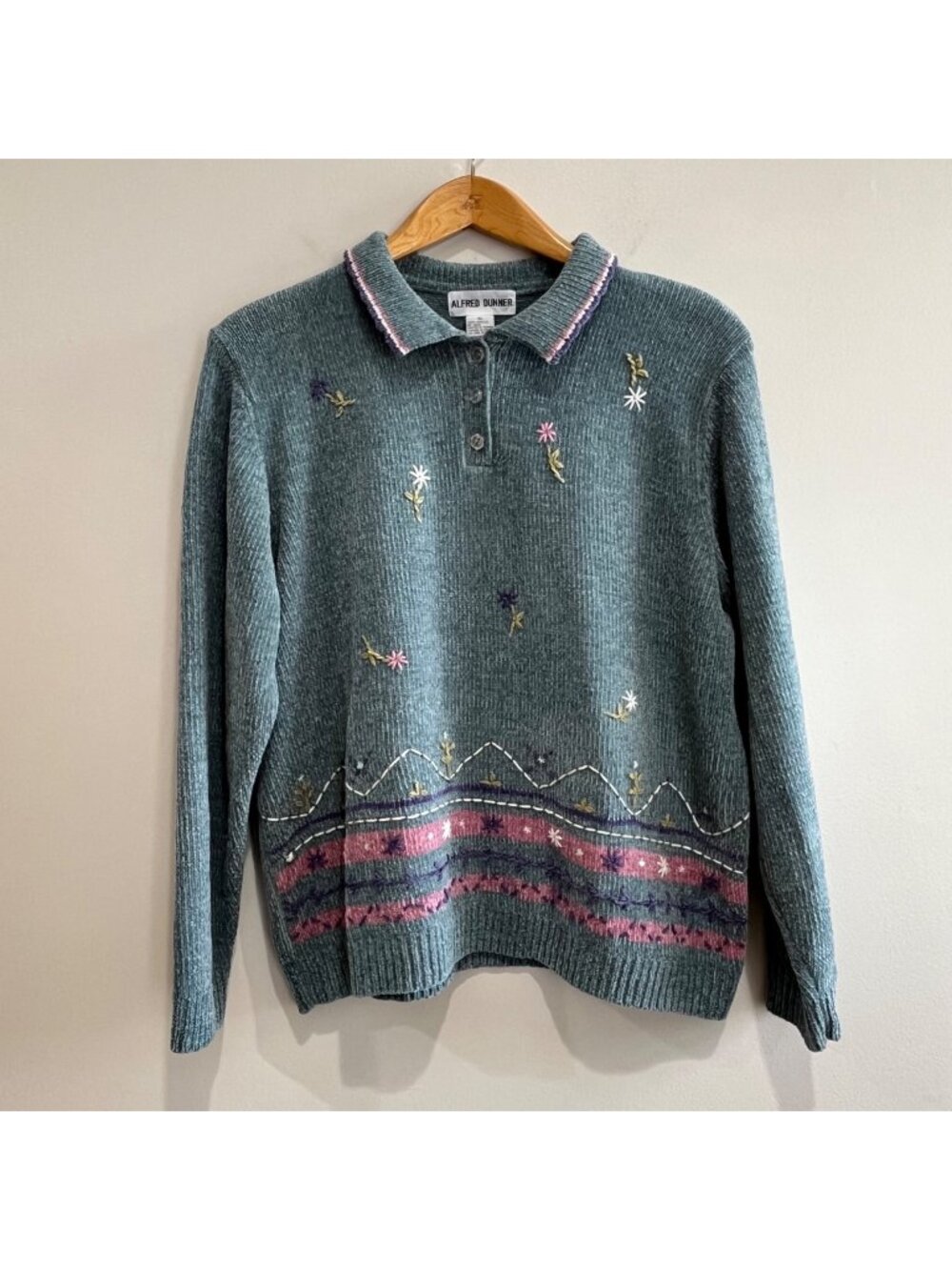 Alfred Dunner Chenille Embroidered Sweater Womens XL Green Collared Grannycore